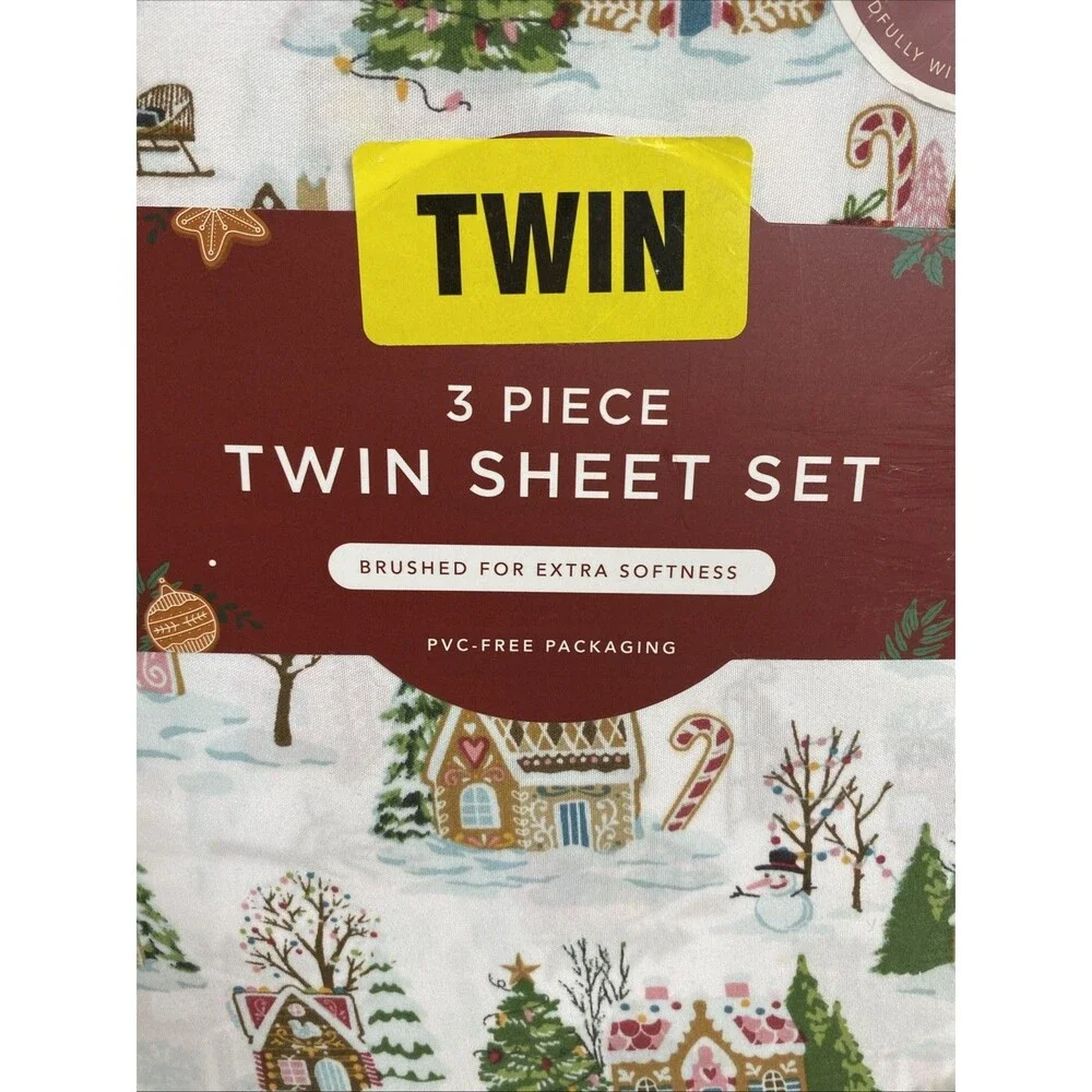 Envogue Gingerbread Town House Twin Sheet Set Christmas Pastel 3 Pieces Holidays